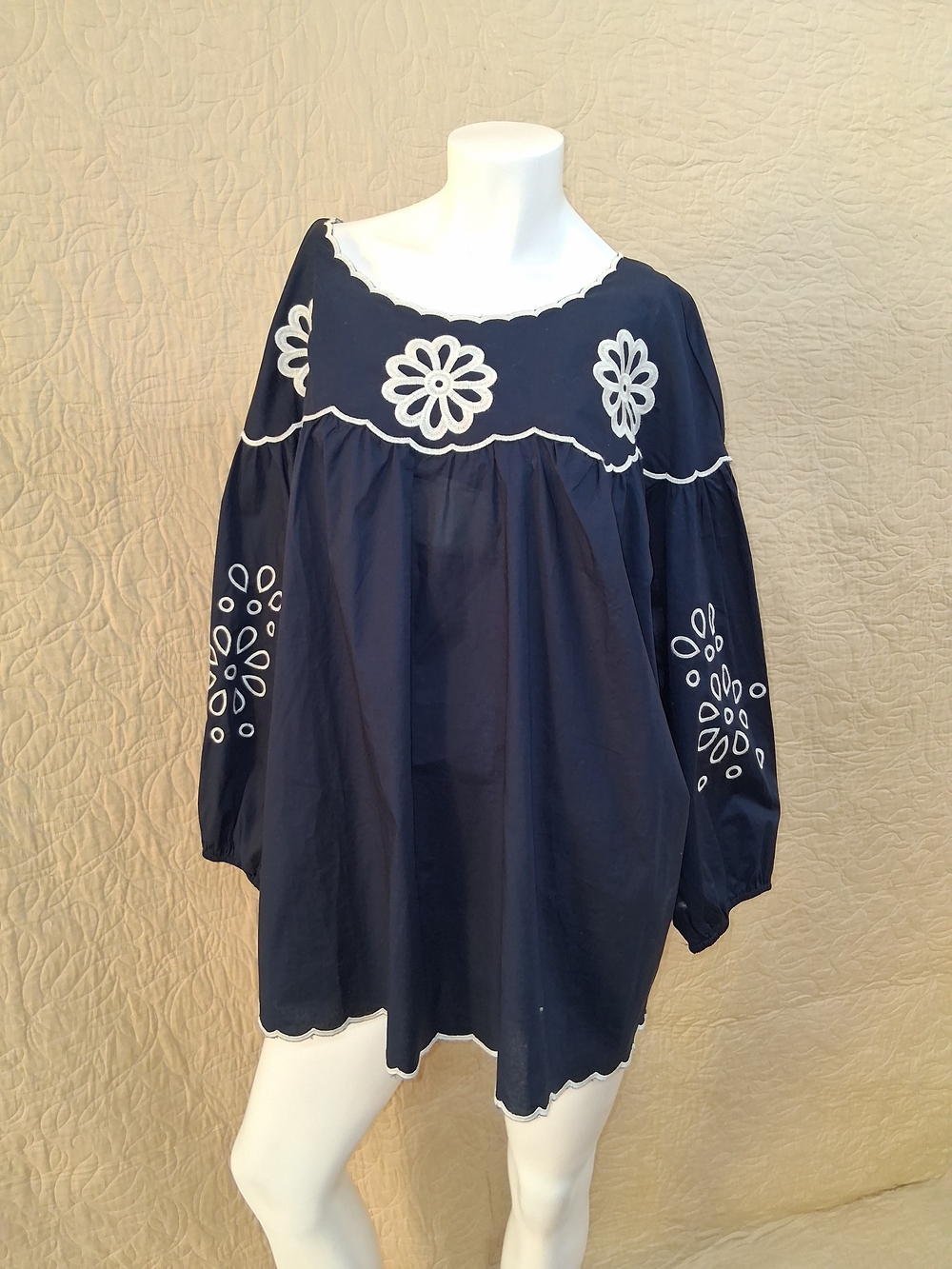 Cato Navy Blue Embroidered Peasant Tunic